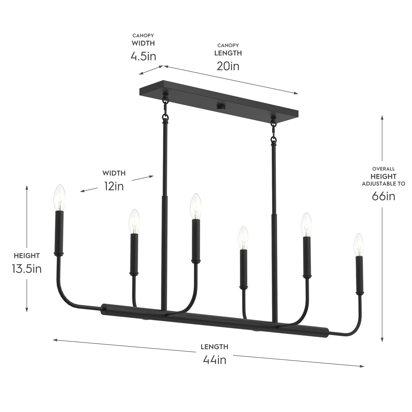 Progress Lighting P400450-31M Reines 6 Light Matte Black Linear Chandelier - Dimensions Diagram
