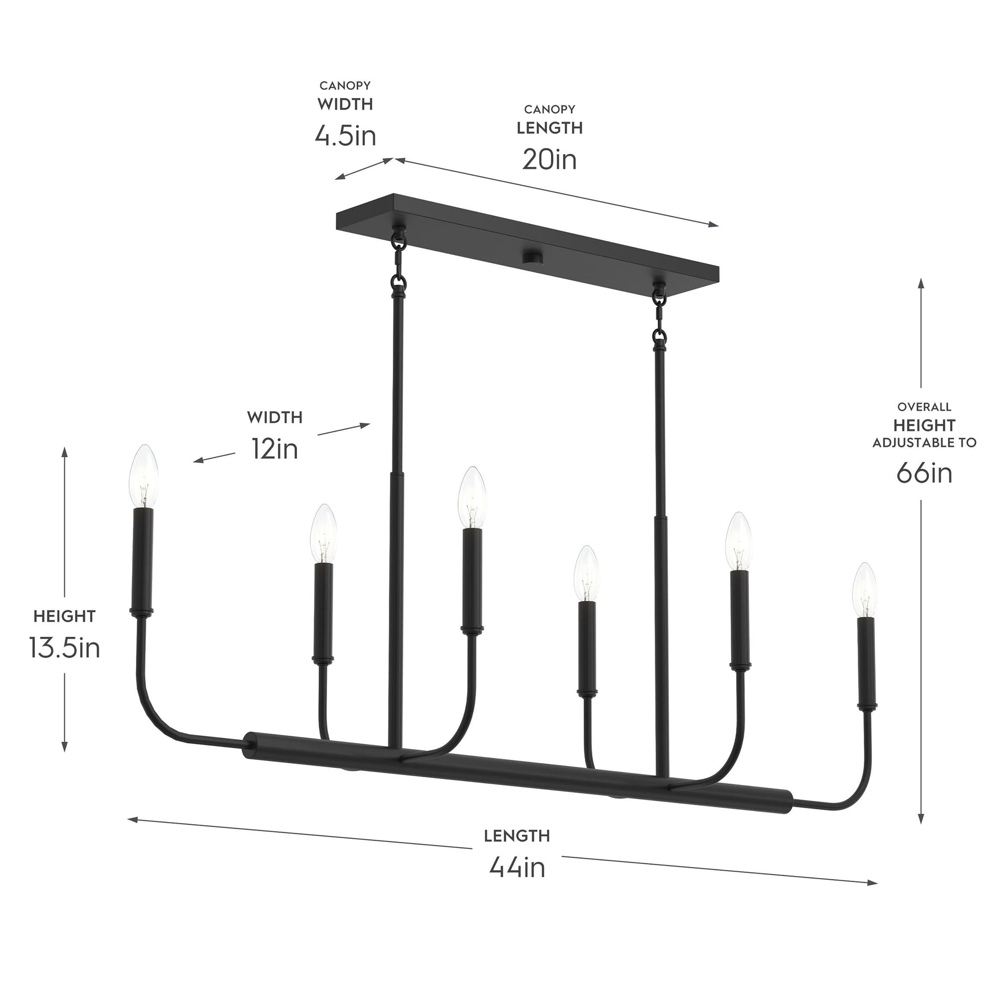 Progress Lighting P400450-31M Reines 6 Light Matte Black Linear Chandelier - Dimensions Diagram