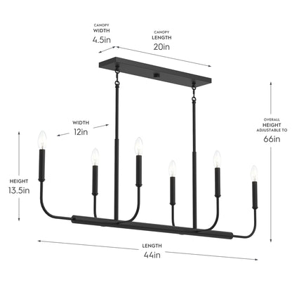Progress Lighting P400450-31M Reines 6 Light Matte Black Linear Chandelier - Dimensions Diagram