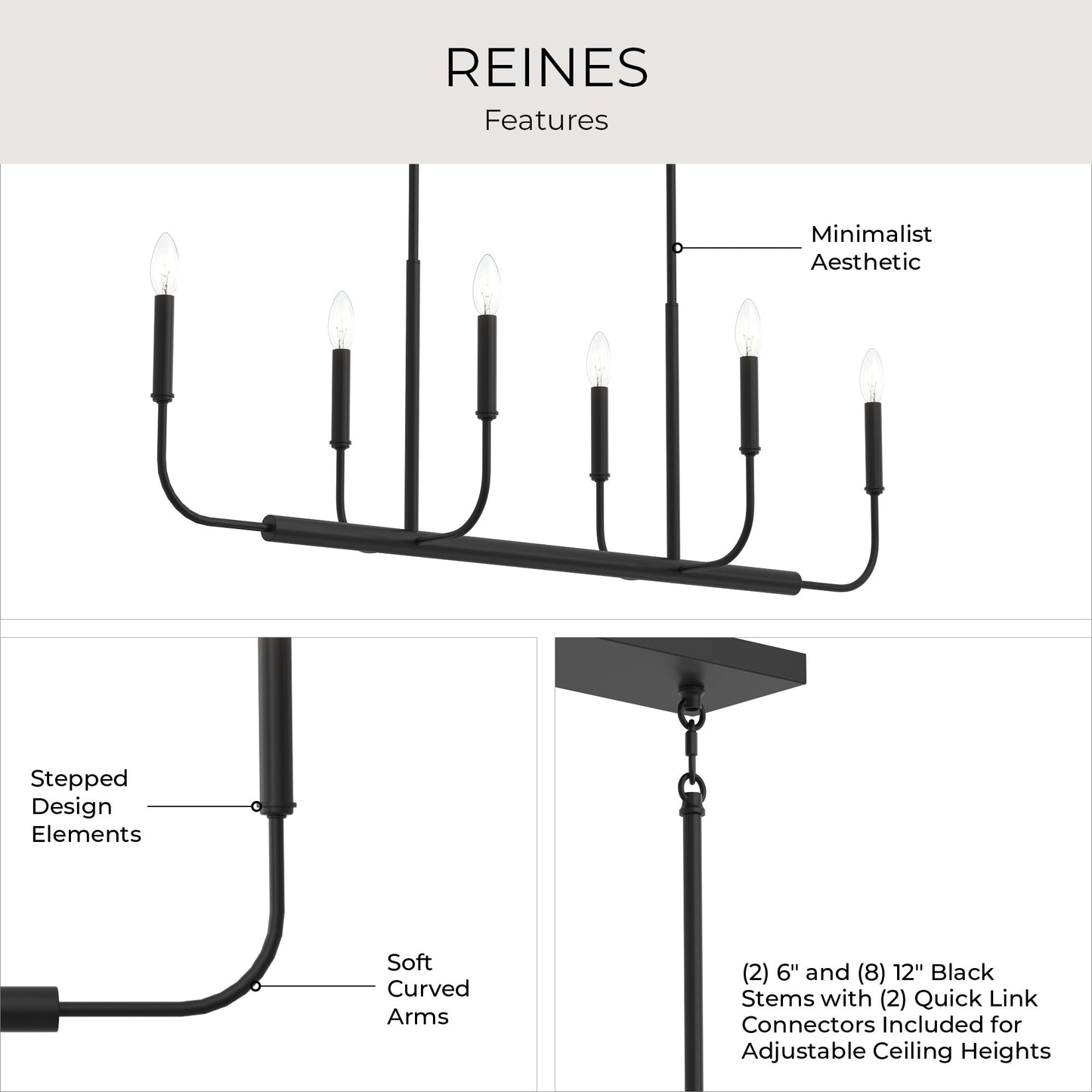 Progress Lighting P400450-31M Reines 6 Light Matte Black Linear Chandelier - Feature Infographic