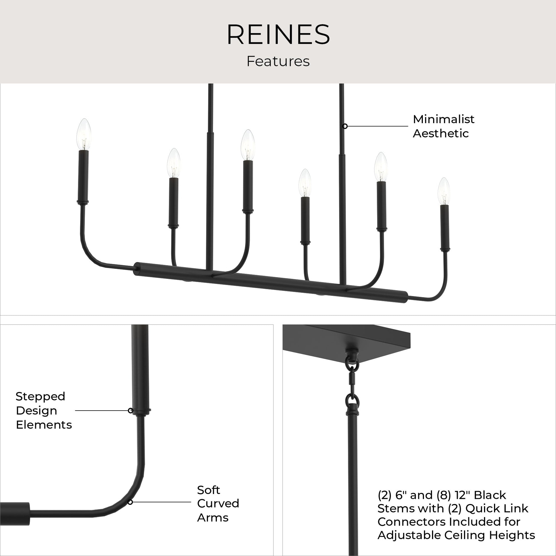 Progress Lighting P400450-31M Reines 6 Light Matte Black Linear Chandelier - Feature Infographic