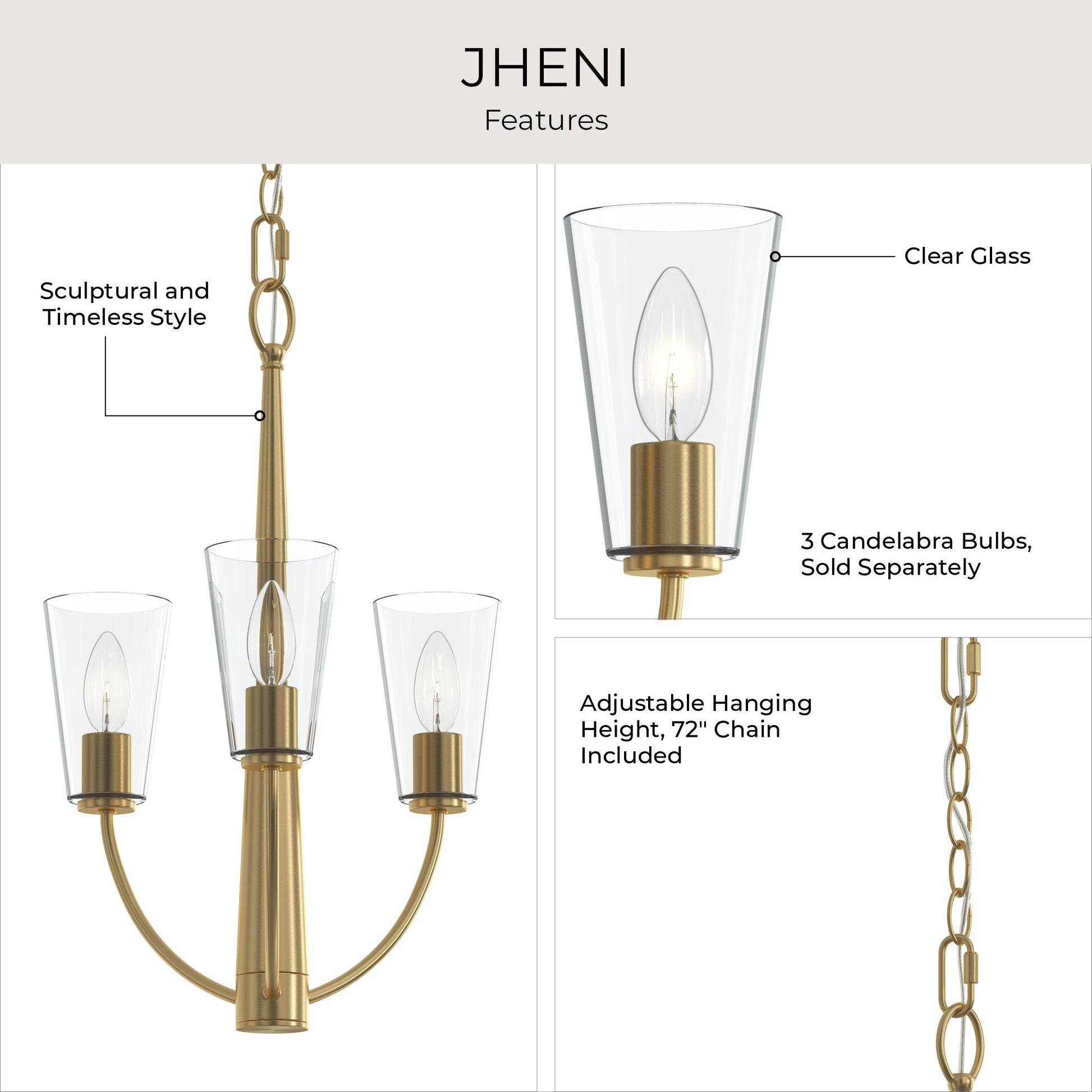 Progress Lighting P400452-191 Jheni Chandelier features: clear glass shades, 3 candelabra bulbs, adjustable 72 inch chain