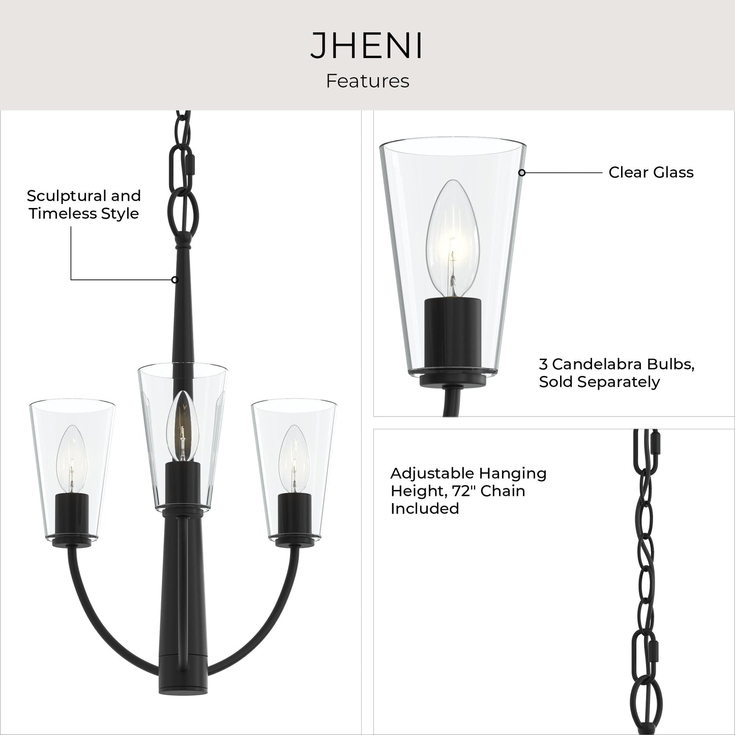 Progress Lighting P400452-31M Jheni Chandelier Features Infographic - Clear Glass, Adjustable Chain