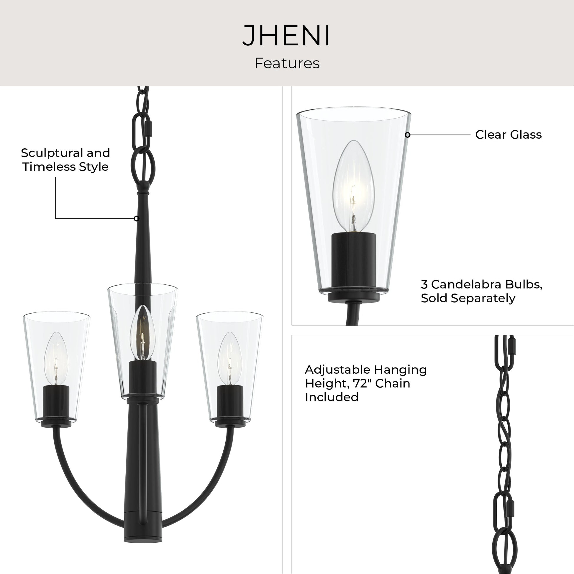Progress Lighting P400452-31M Jheni Chandelier Features Infographic - Clear Glass, Adjustable Chain