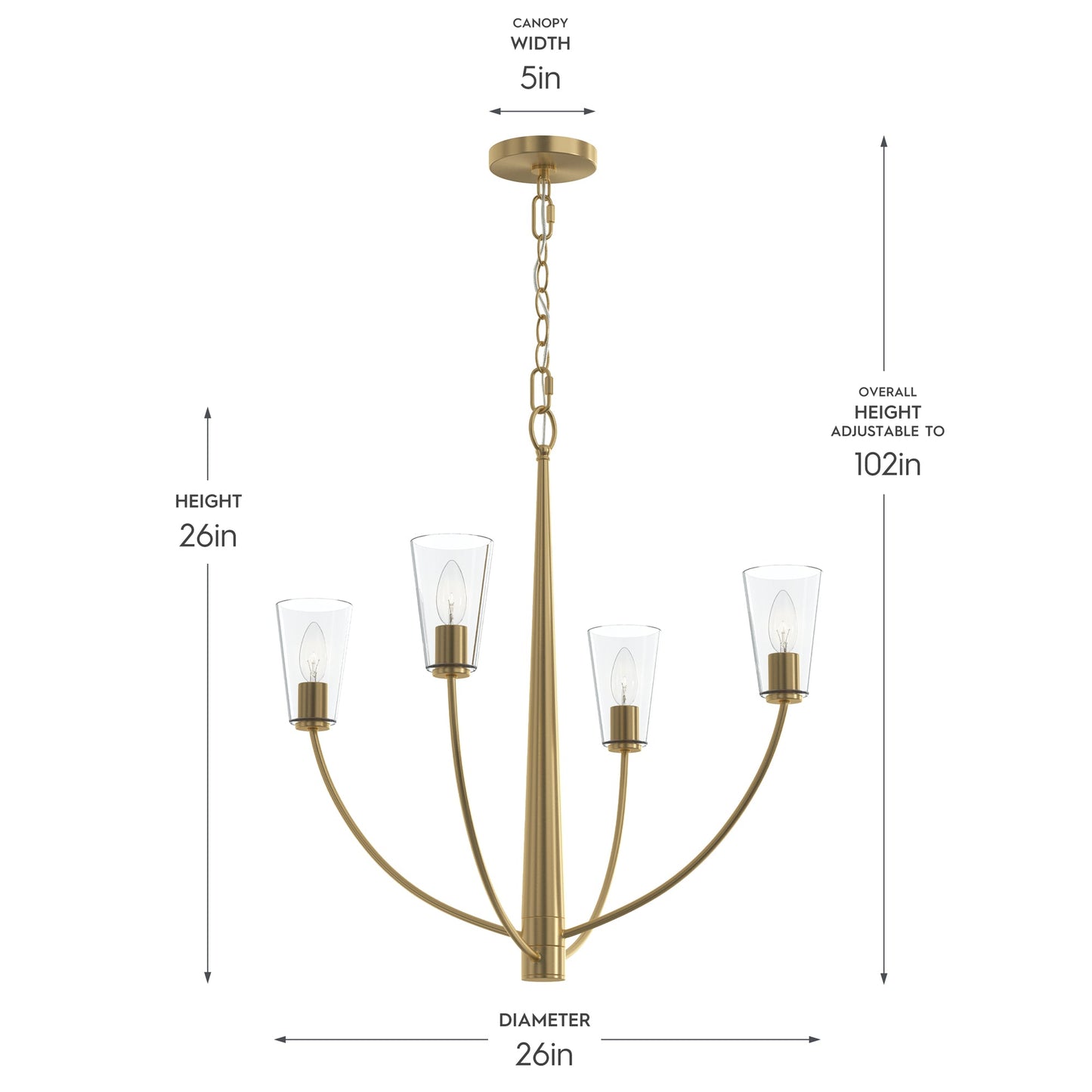 Progress Lighting P400453-191 Jheni 4 Light 26 Inch Brushed Gold Chandelier Dimension Diagram