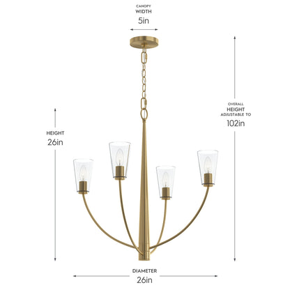 Progress Lighting P400453-191 Jheni 4 Light 26 Inch Brushed Gold Chandelier Dimension Diagram