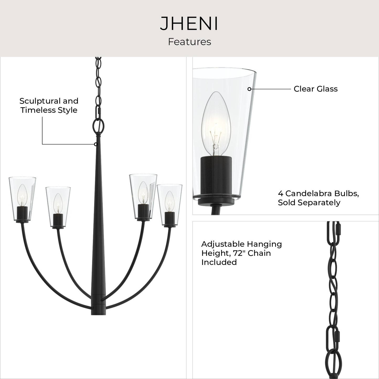 Progress Lighting P400453-31M Jheni 4 Light Matte Black Chandelier - Image 6