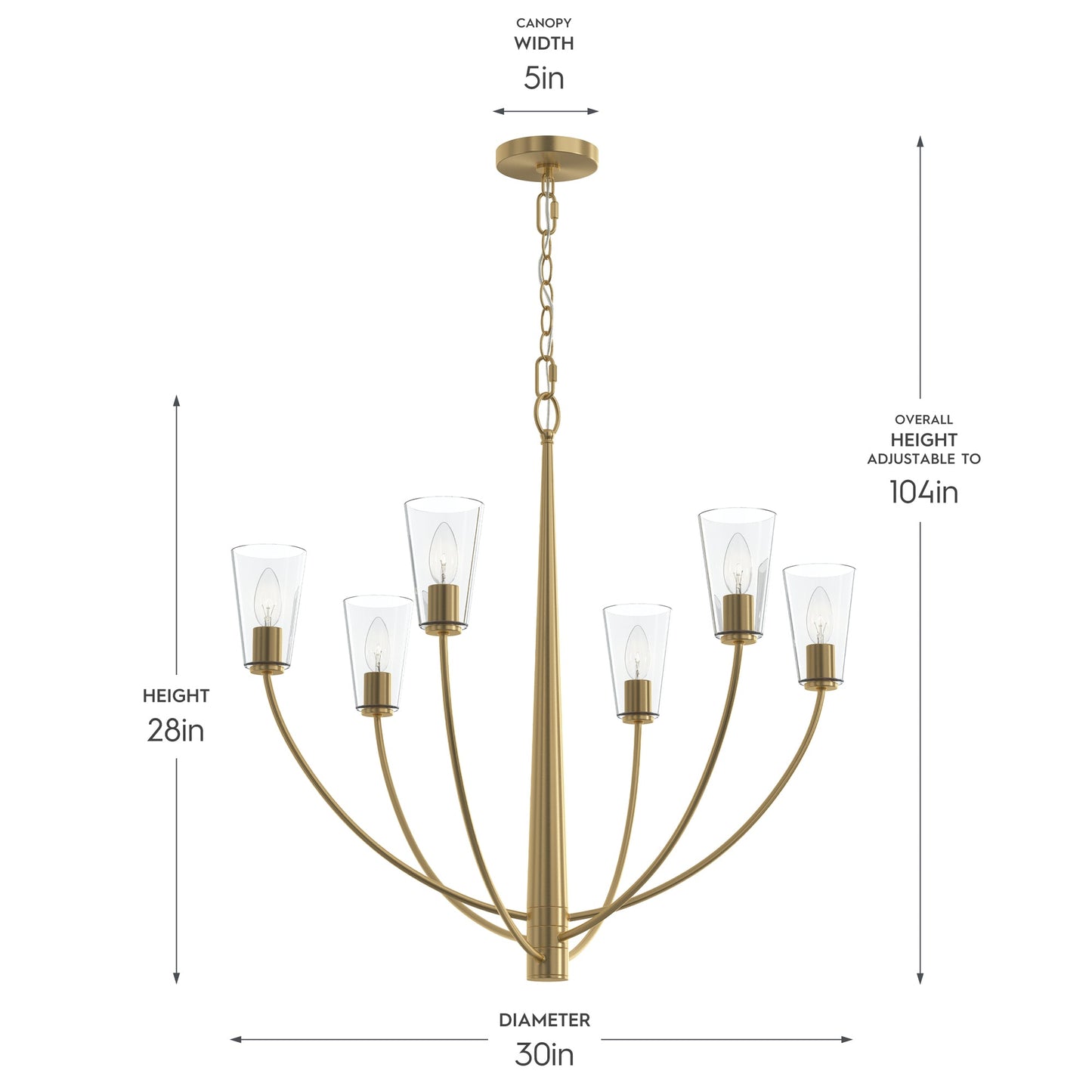Progress Lighting P400454-191 Jheni Brushed Gold Chandelier - Dimensions Diagram
