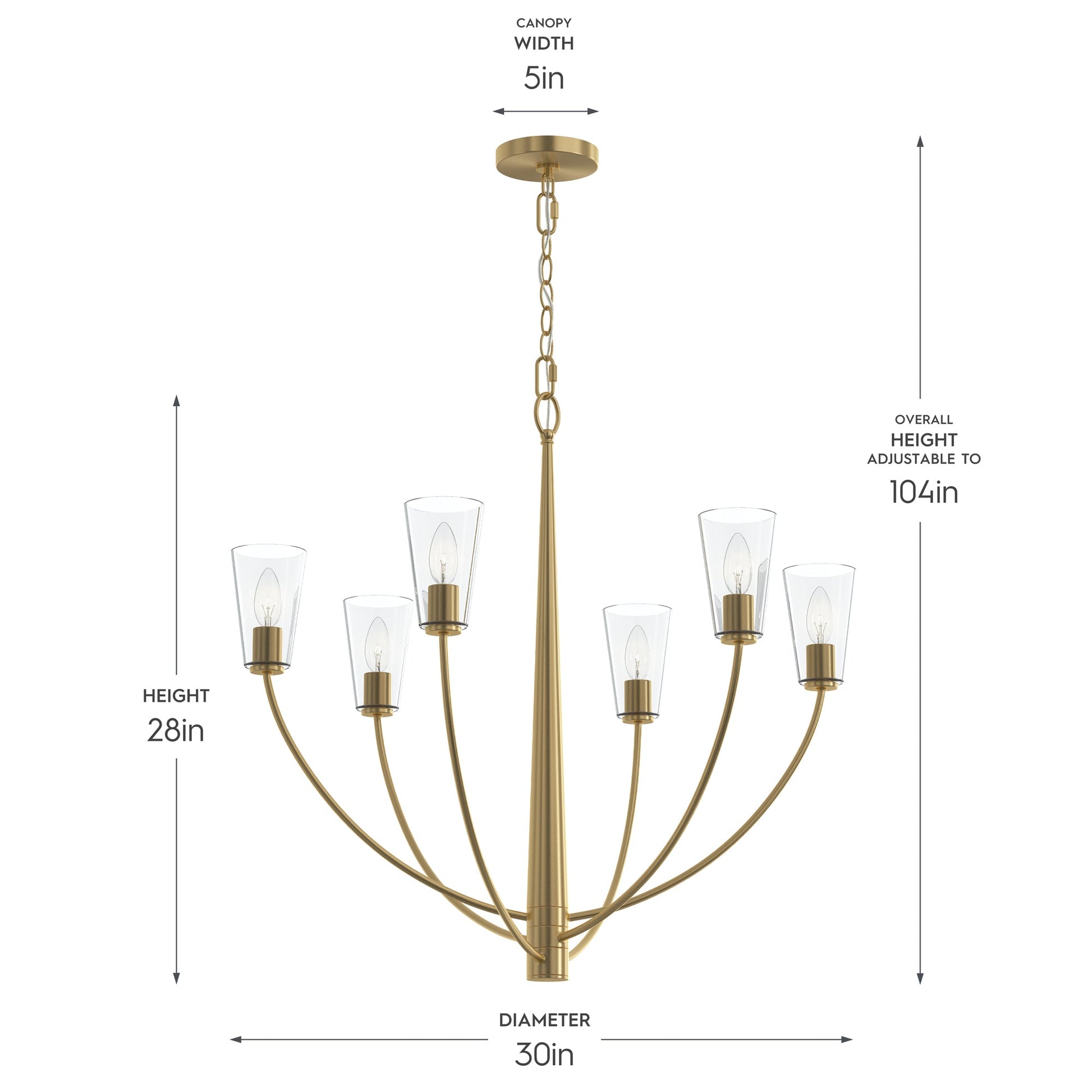 Progress Lighting P400454-191 Jheni Brushed Gold Chandelier - Dimensions Diagram