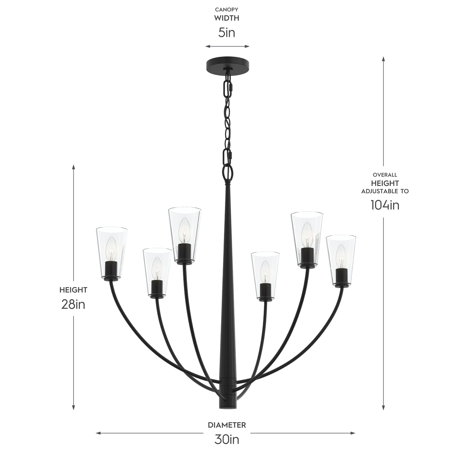 Progress Lighting P400454-31M Jheni Chandelier dimensions diagram - Height 28in, Diameter 30in, Canopy Width 5in, Overall Height Adjustable to 104in