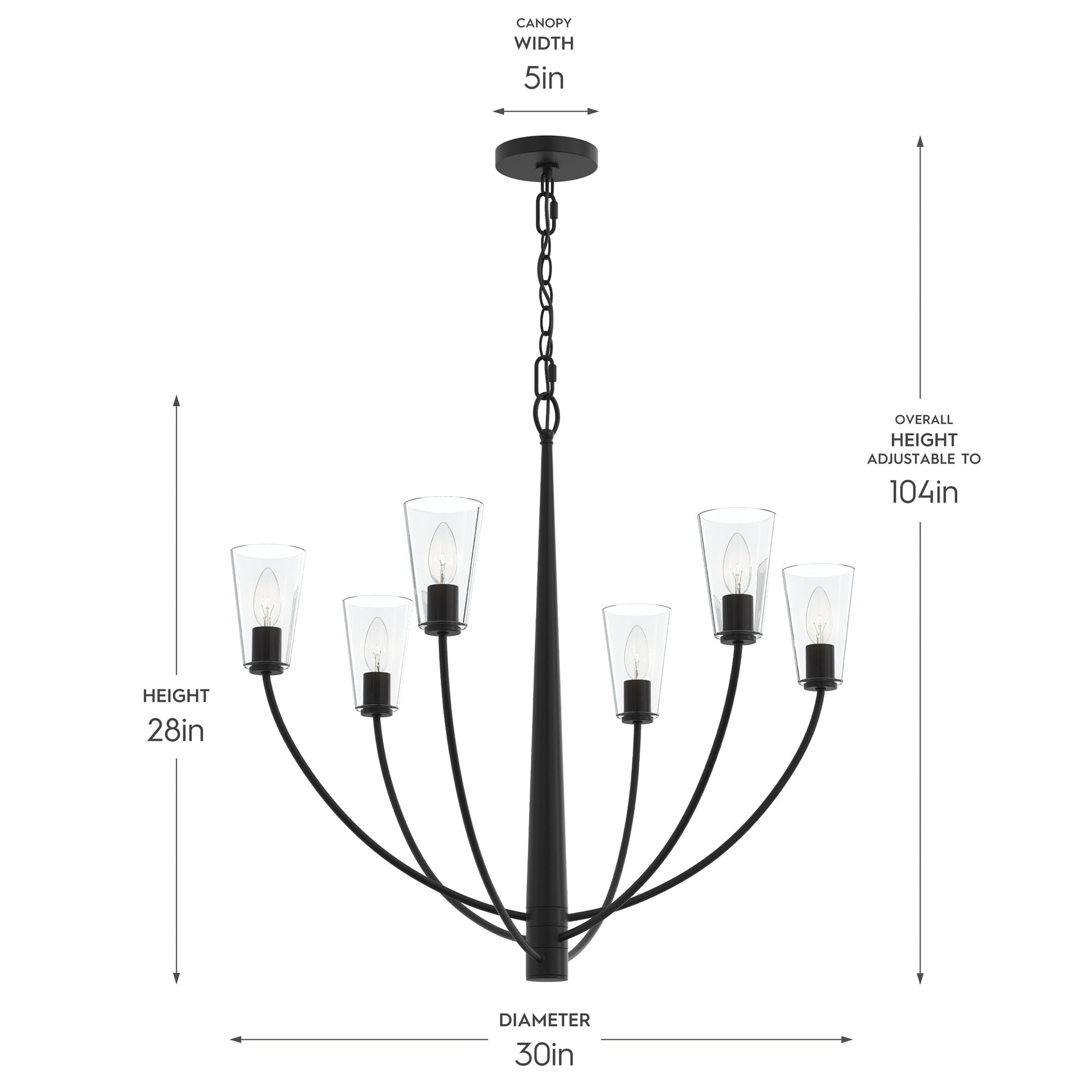 Progress Lighting P400454-31M Jheni Chandelier dimensions diagram - Height 28in, Diameter 30in, Canopy Width 5in, Overall Height Adjustable to 104in
