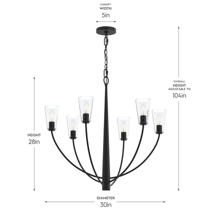 Progress Lighting P400454-31M Jheni Chandelier dimensions diagram - Height 28in, Diameter 30in, Canopy Width 5in, Overall Height Adjustable to 104in
