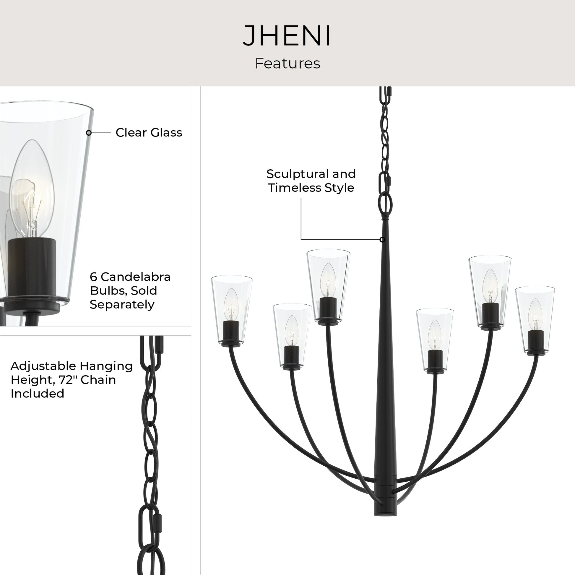Progress Lighting P400454-31M Jheni Chandelier features infographic - Clear Glass, 6 Candelabra Bulbs, 72in Chain, Sculptural Style