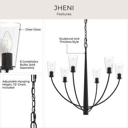 Progress Lighting P400454-31M Jheni Chandelier features infographic - Clear Glass, 6 Candelabra Bulbs, 72in Chain, Sculptural Style