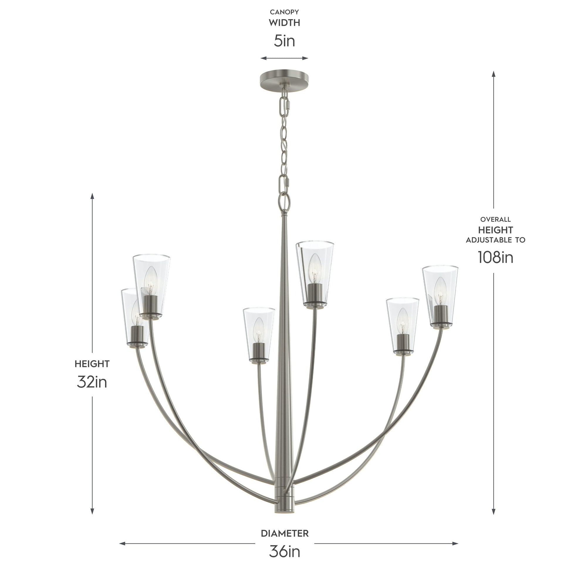 Progress Lighting P400455-009 Jheni Chandelier Dimensions - 36in Diameter, 32in Height, 108in Adjustable Overall Height