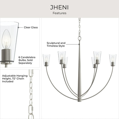 Progress Lighting P400455-009 Jheni Features Infographic - Clear Glass Shades, Adjustable 72in Chain, Sculptural Style