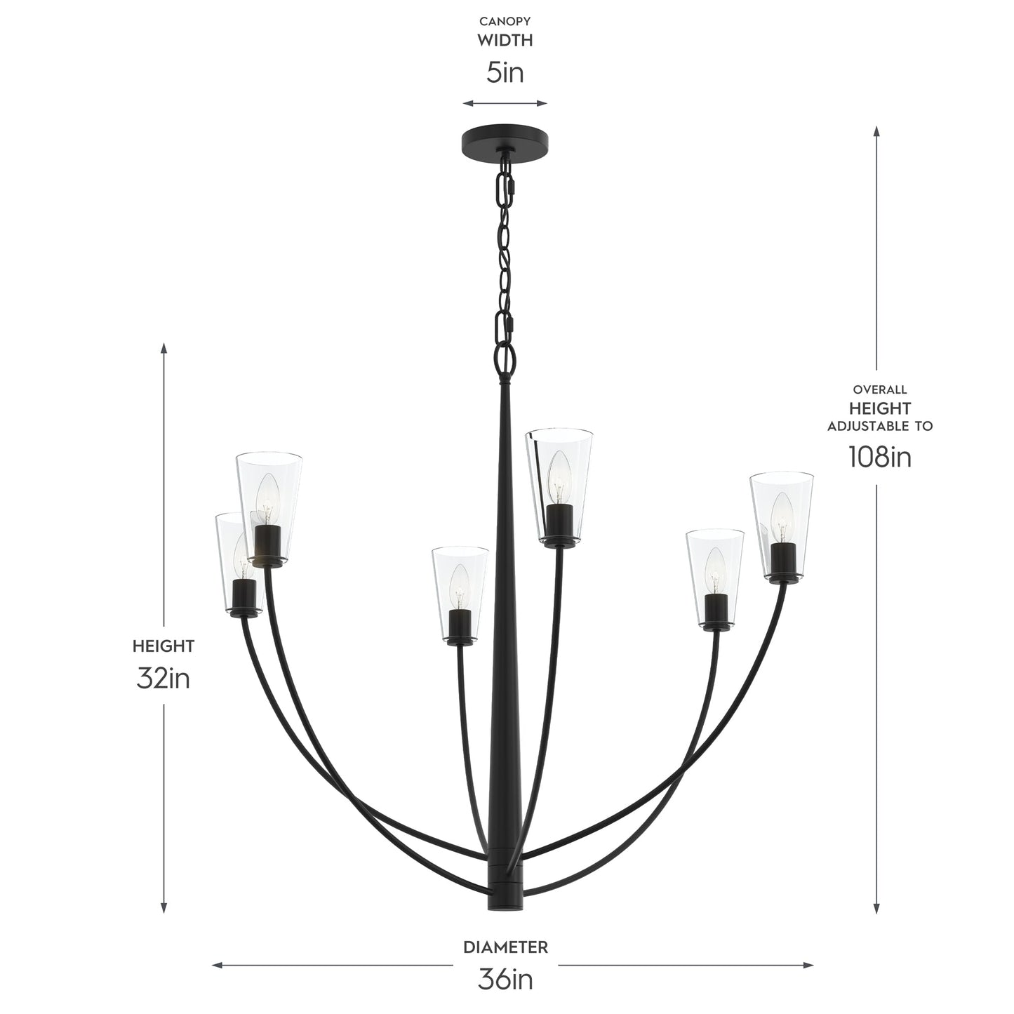 Progress Lighting P400455-31M Jheni Chandelier Dimensions - 36 inch Diameter, 32 inch Height, 5 inch Canopy Width, 108 inch Adjustable Overall Height