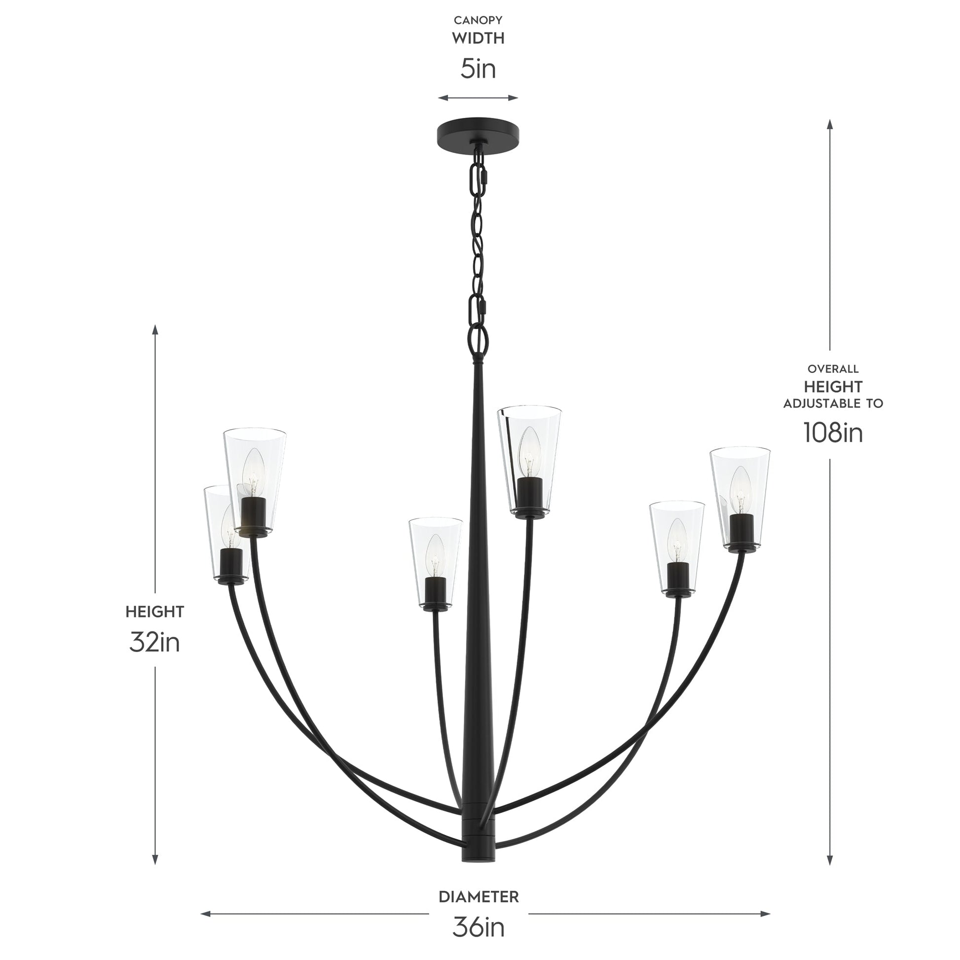 Progress Lighting P400455-31M Jheni Chandelier Dimensions - 36 inch Diameter, 32 inch Height, 5 inch Canopy Width, 108 inch Adjustable Overall Height