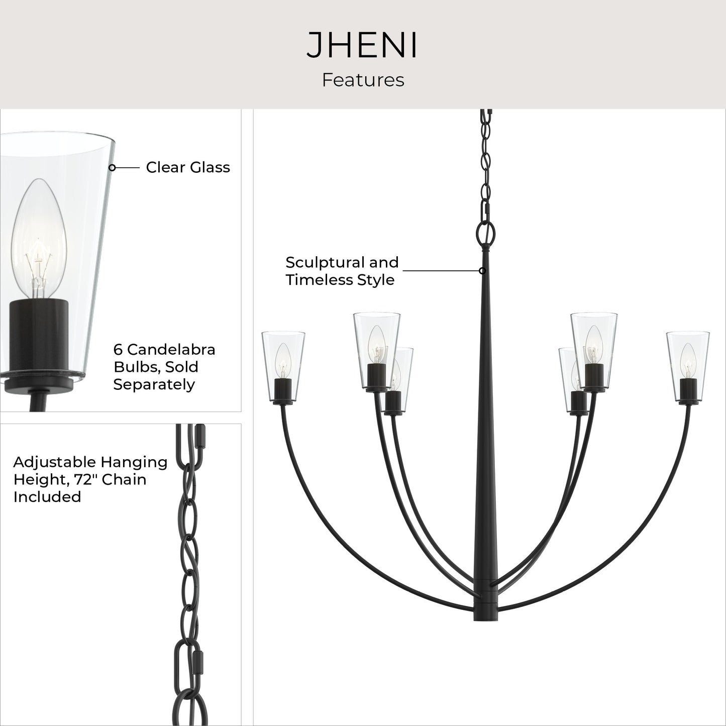 Progress Lighting P400455-31M Jheni Chandelier Feature Infographic - Clear Glass Shades, 6 Candelabra Bulbs, Adjustable 72-inch Chain