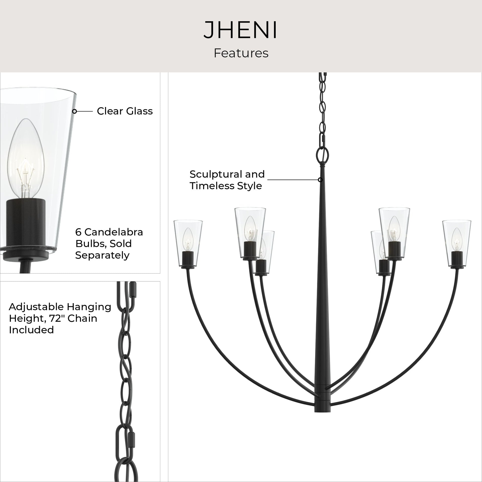 Progress Lighting P400455-31M Jheni Chandelier Feature Infographic - Clear Glass Shades, 6 Candelabra Bulbs, Adjustable 72-inch Chain
