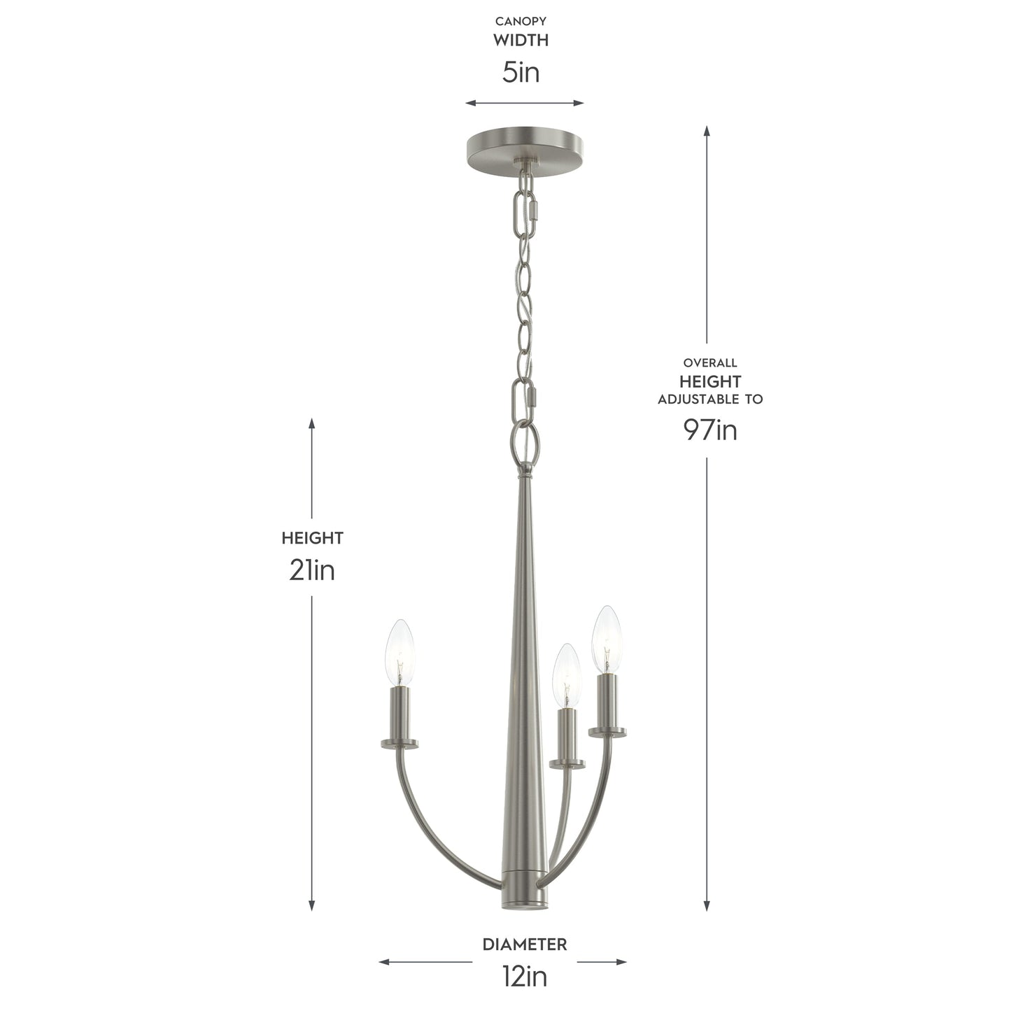 Progress Lighting P400457-009 Jheni Chandelier dimensions diagram: 12in diameter, 21in height, 5in canopy, 97in max adjustable height