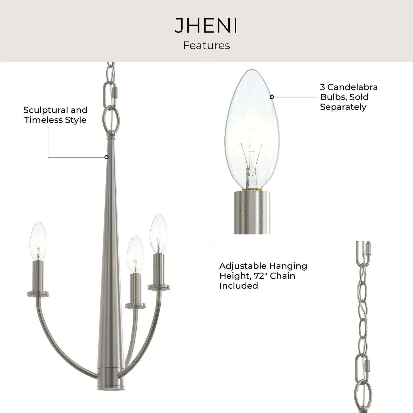 Progress Lighting P400457-009 Jheni Chandelier features infographic highlighting sculptural style, candelabra bulbs, and 72-inch adjustable chain