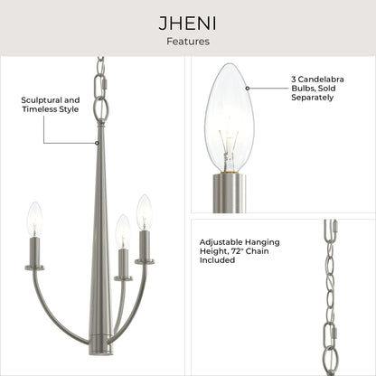 Progress Lighting P400457-009 Jheni Chandelier features infographic highlighting sculptural style, candelabra bulbs, and 72-inch adjustable chain