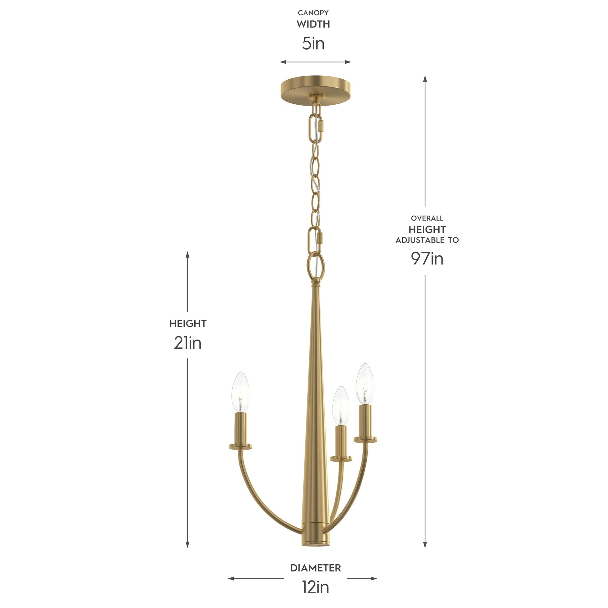 Progress Lighting P400457-191 Jheni Chandelier dimensions diagram showing 21 inch height, 12 inch diameter, and 5 inch canopy width