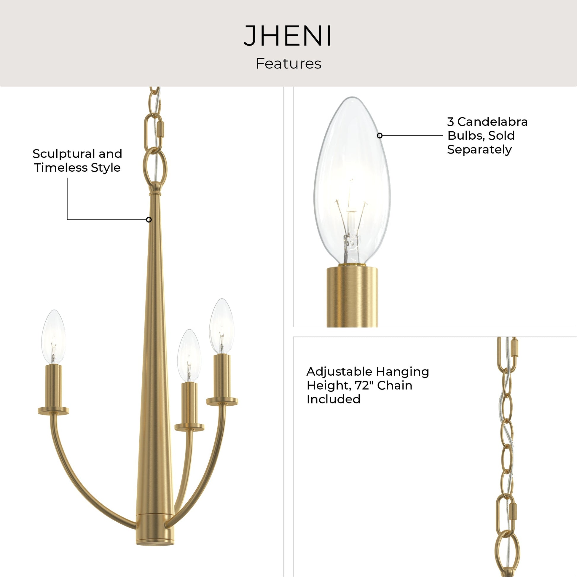 Progress Lighting P400457-191 Jheni Chandelier features infographic highlighting sculptural style, candelabra bulbs, and 72 inch adjustable chain