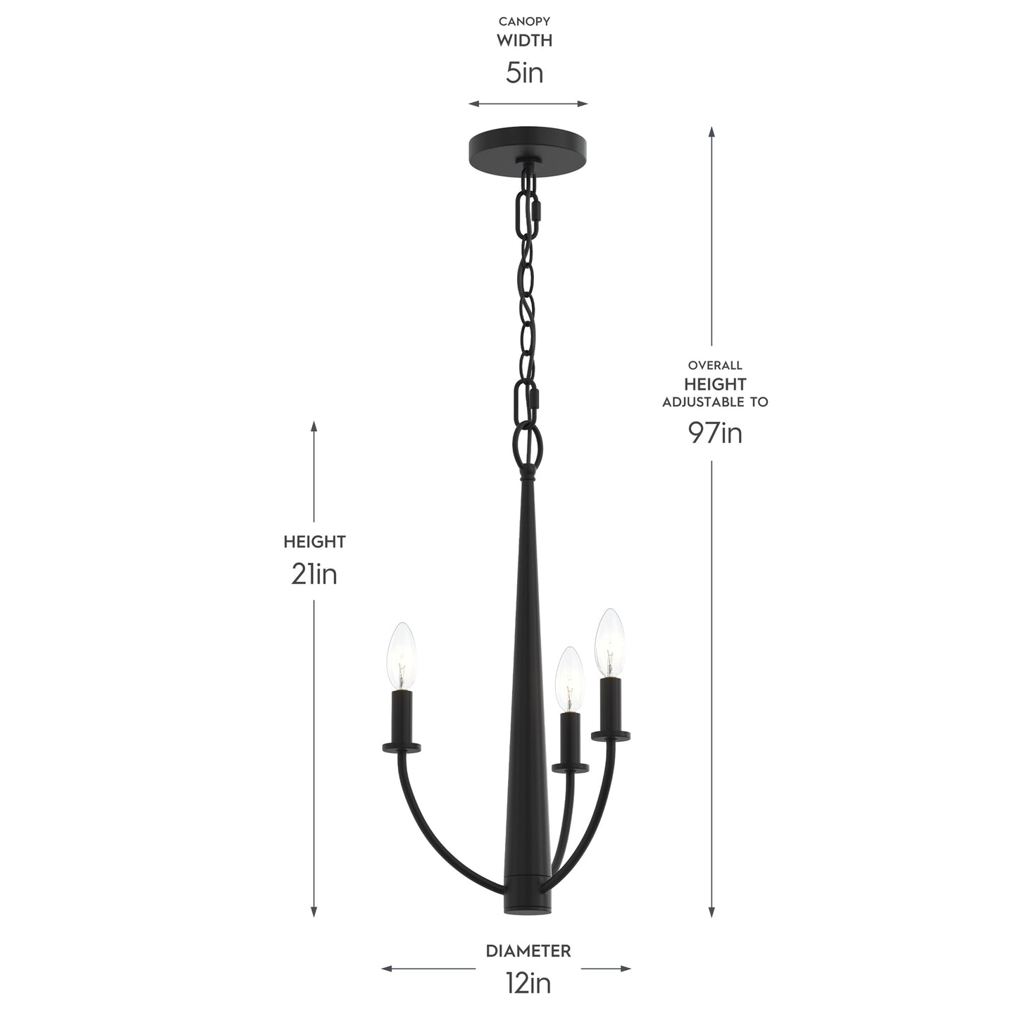 Progress Lighting P400457-31M Jheni Chandelier dimensions diagram - 12 inch diameter, 21 inch height, 5 inch canopy, adjustable to 97 inches