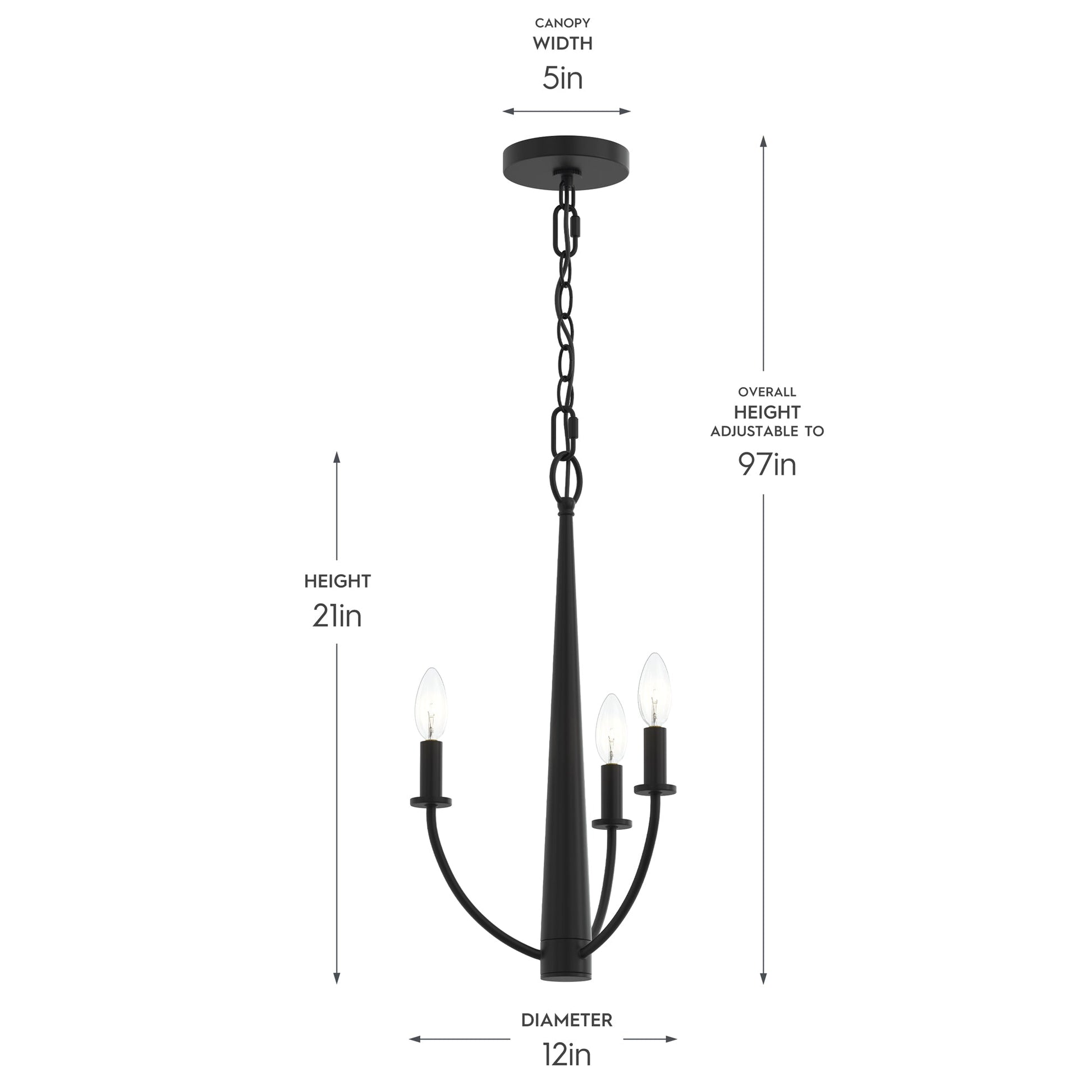 Progress Lighting P400457-31M Jheni Chandelier dimensions diagram - 12 inch diameter, 21 inch height, 5 inch canopy, adjustable to 97 inches