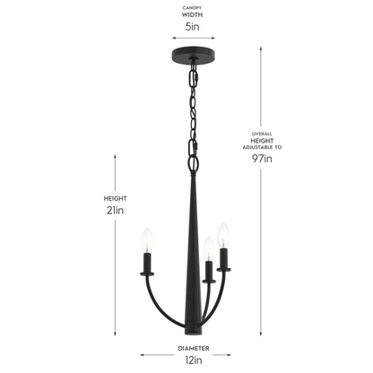 Progress Lighting P400457-31M Jheni Chandelier dimensions diagram - 12 inch diameter, 21 inch height, 5 inch canopy, adjustable to 97 inches