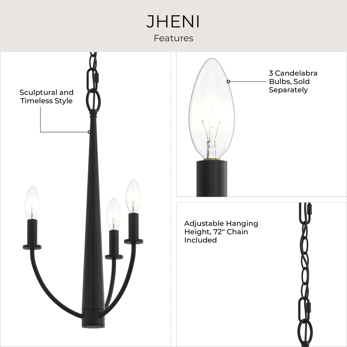 Progress Lighting P400457-31M Jheni Chandelier feature infographic - sculptural style, candelabra bulbs, 72-inch adjustable chain