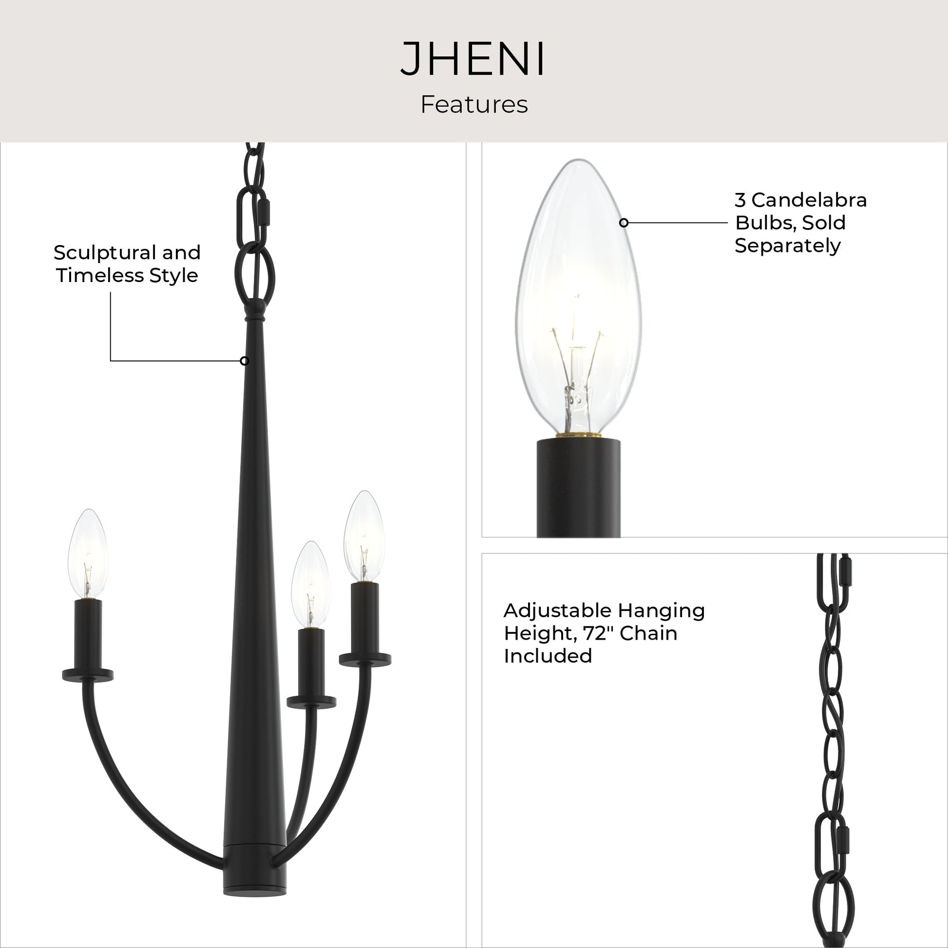 Progress Lighting P400457-31M Jheni Chandelier feature infographic - sculptural style, candelabra bulbs, 72-inch adjustable chain