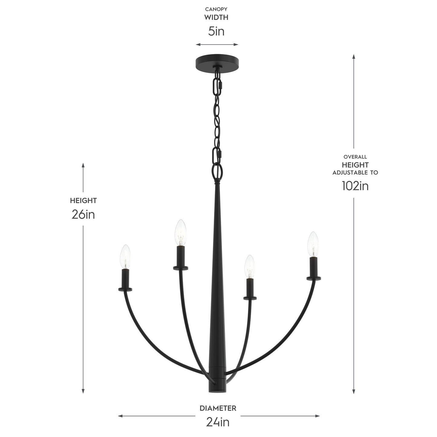 Progress Lighting P400458-31M Jheni Matte Black Chandelier - Dimensions Diagram