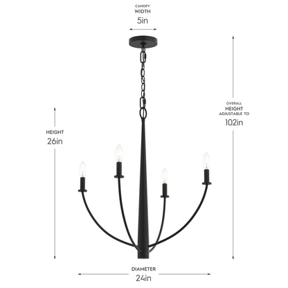 Progress Lighting P400458-31M Jheni Matte Black Chandelier - Dimensions Diagram