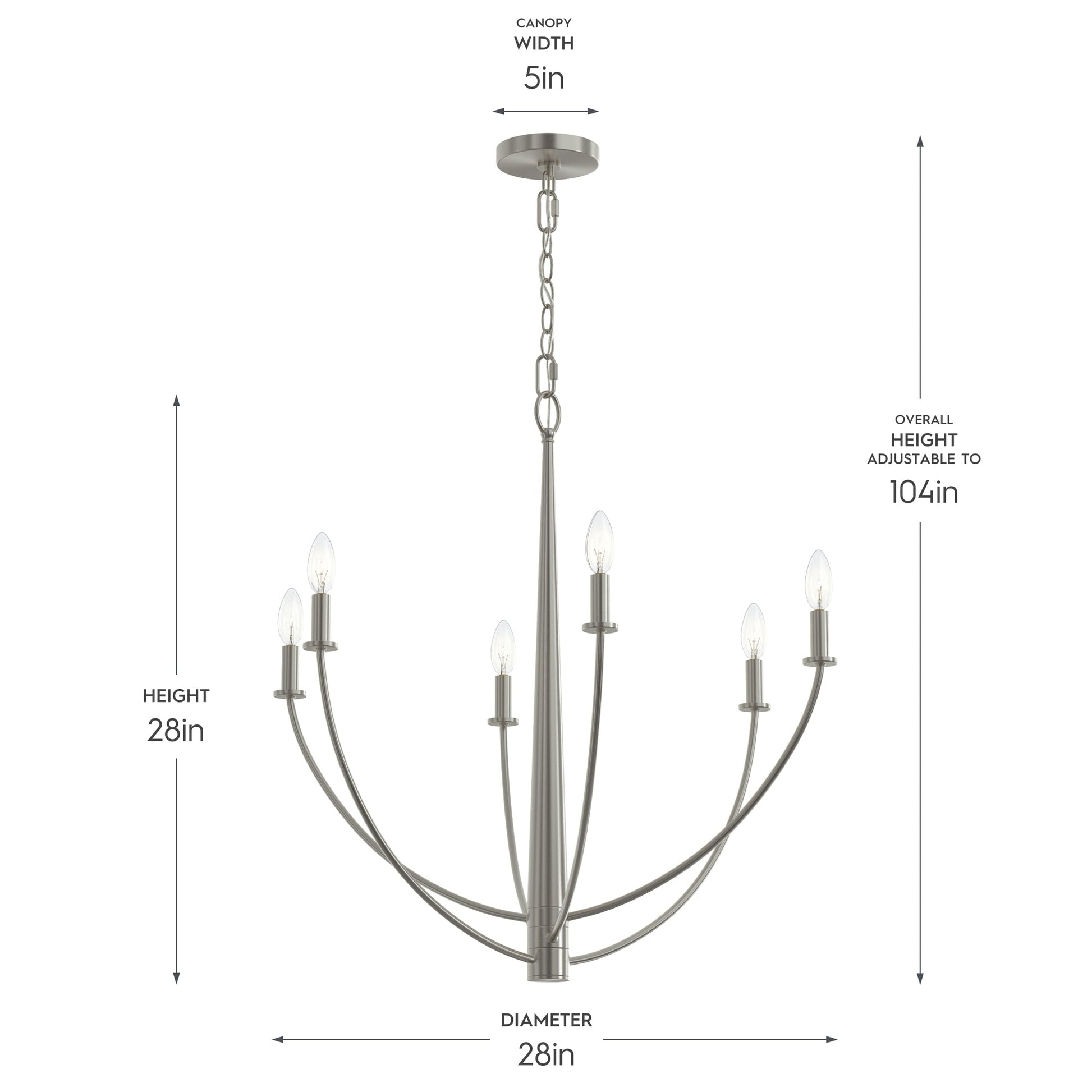 Progress Lighting P400459-009 Jheni Brushed Nickel Chandelier - Dimension Diagram 28in Height 28in Diameter