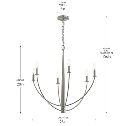 Progress Lighting P400459-009 Jheni Brushed Nickel Chandelier - Dimension Diagram 28in Height 28in Diameter
