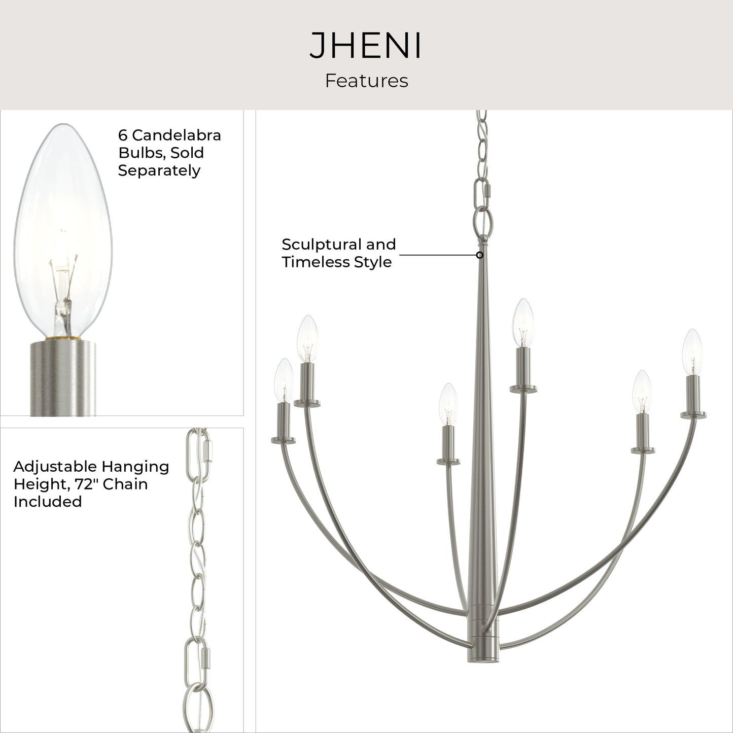 Progress Lighting P400459-009 Jheni Brushed Nickel Chandelier - Features Infographic