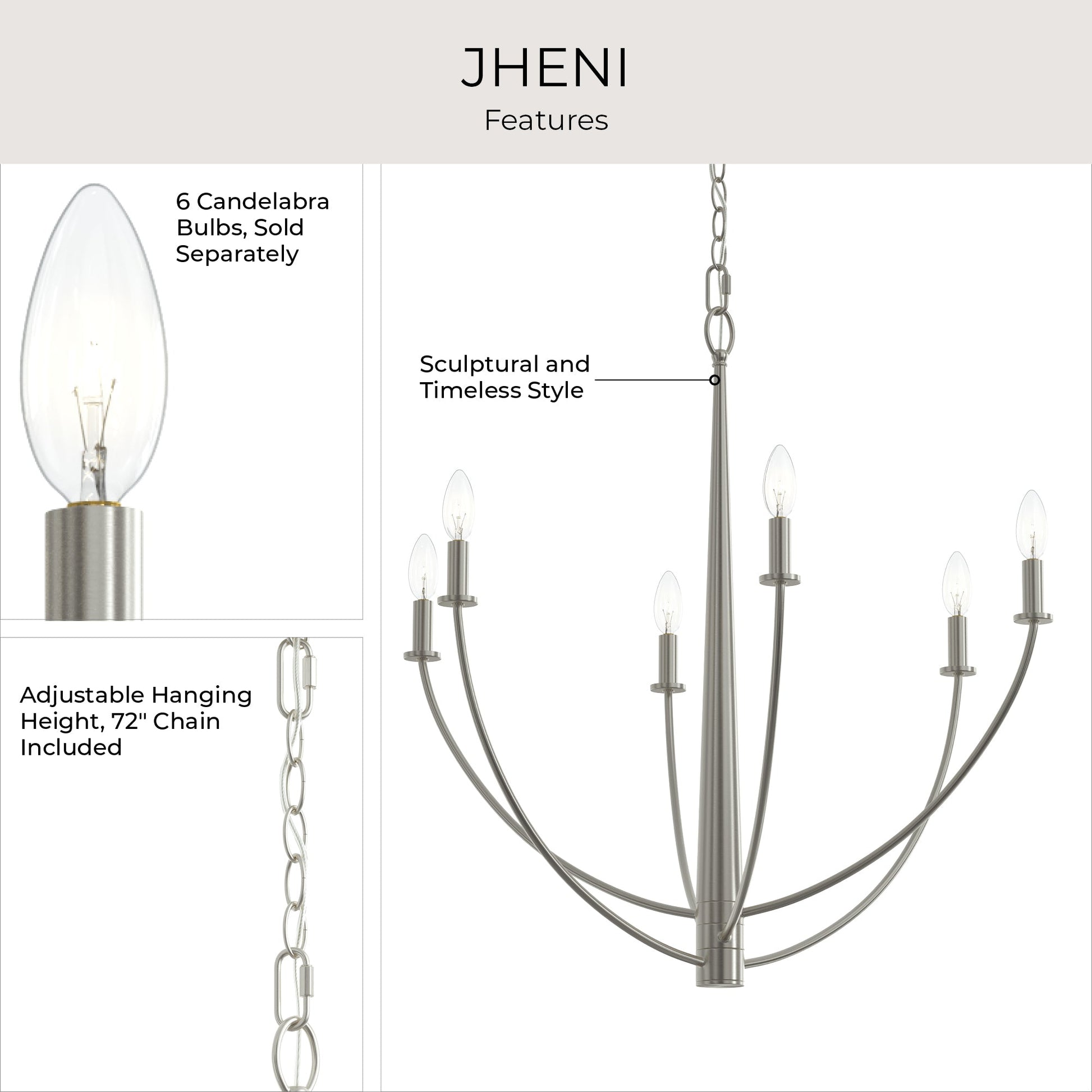 Progress Lighting P400459-009 Jheni Brushed Nickel Chandelier - Features Infographic