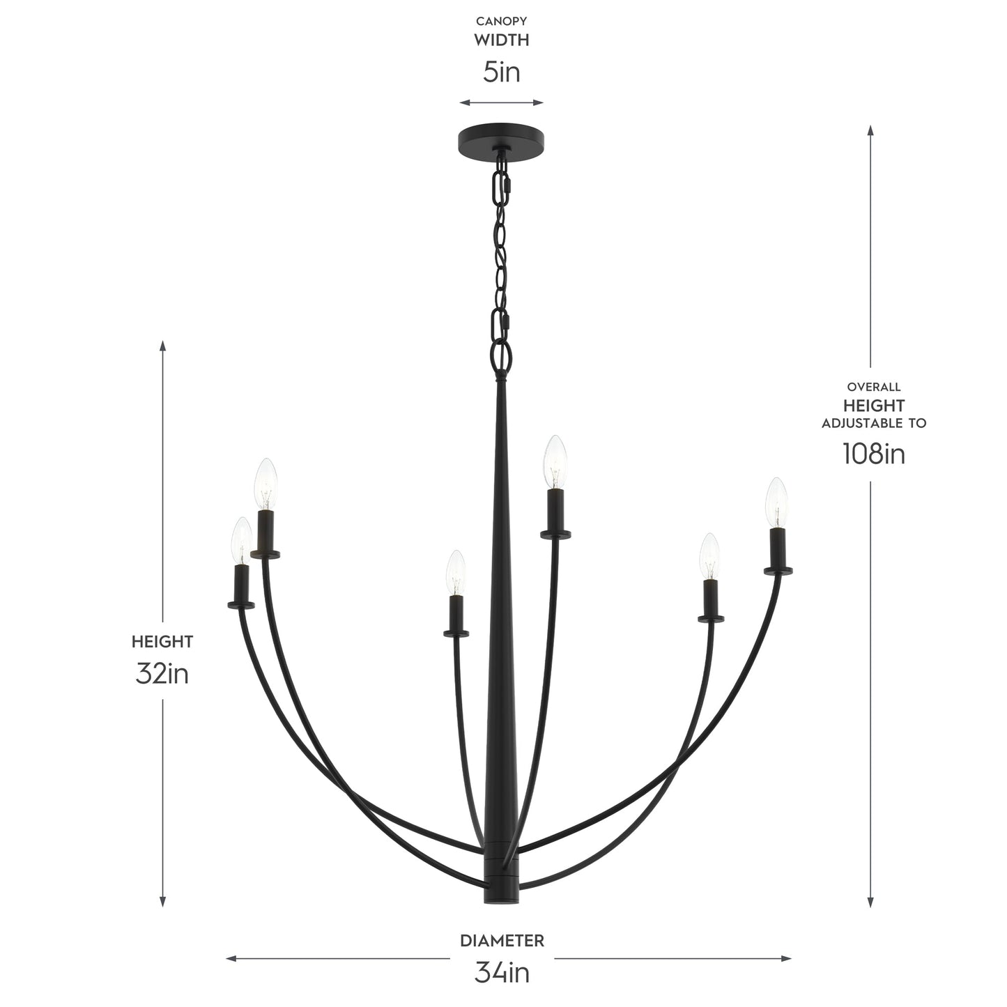 Progress Lighting P400460-31M Jheni Chandelier Dimension Diagram - 34in Diameter, 32in Height, 5in Canopy