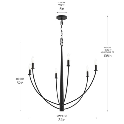 Progress Lighting P400460-31M Jheni Chandelier Dimension Diagram - 34in Diameter, 32in Height, 5in Canopy