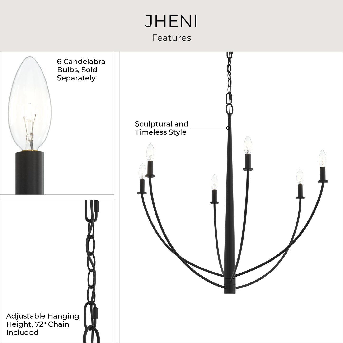 Progress Lighting P400460-31M Jheni Chandelier Feature Infographic - 6 Candelabra Bulbs, Adjustable Chain