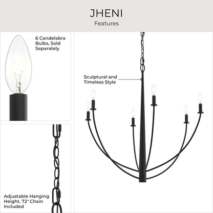 Progress Lighting P400460-31M Jheni Chandelier Feature Infographic - 6 Candelabra Bulbs, Adjustable Chain