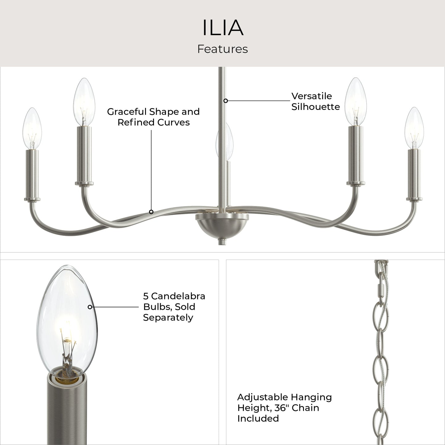 Progress Lighting Ilia P400462-009 Features Infographic - Candelabra Bulbs and Adjustable Chain