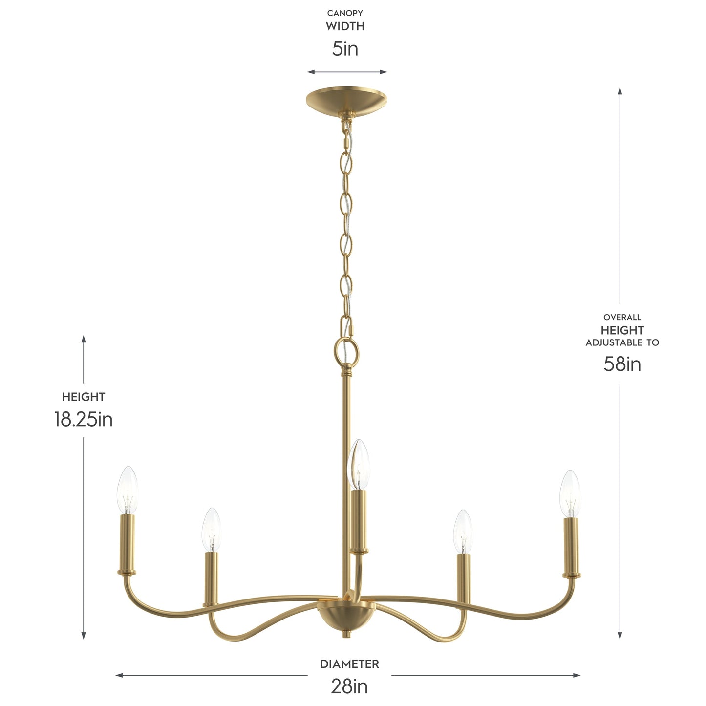 Progress Lighting P400462-191 Ilia Chandelier dimensions diagram showing 28in diameter, 18.25in height, and 5in canopy width