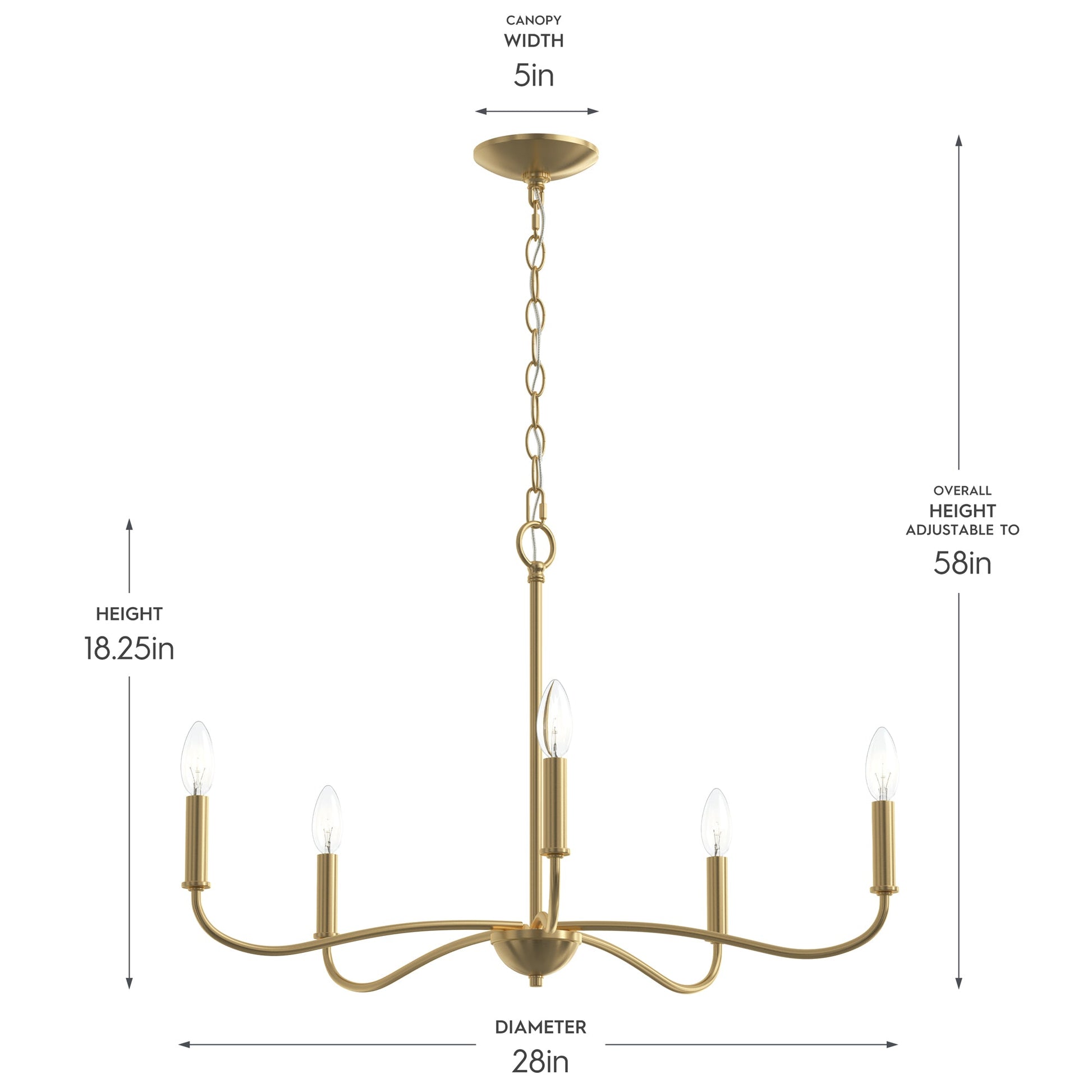 Progress Lighting P400462-191 Ilia Chandelier dimensions diagram showing 28in diameter, 18.25in height, and 5in canopy width
