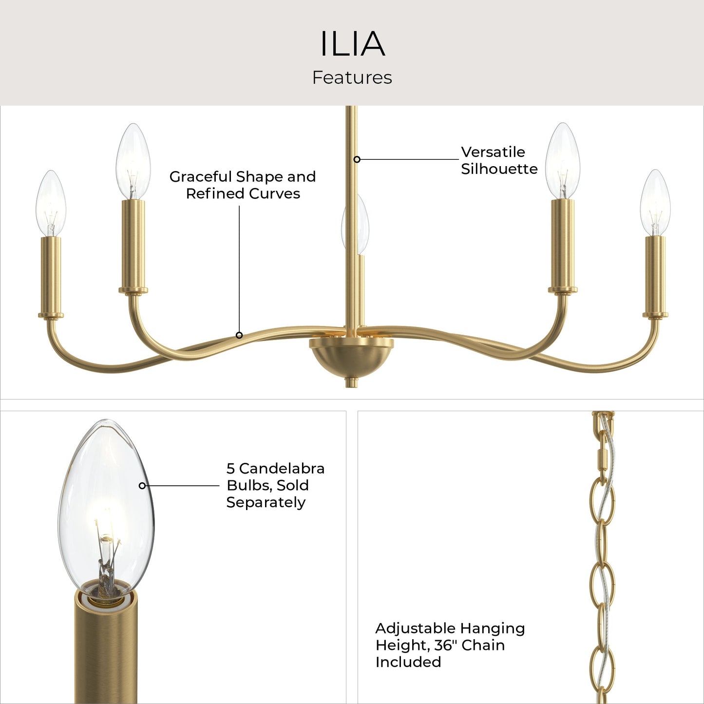 Progress Lighting P400462-191 Ilia Chandelier features infographic highlighting graceful curves, adjustable hanging height, and 5 candelabra bulbs