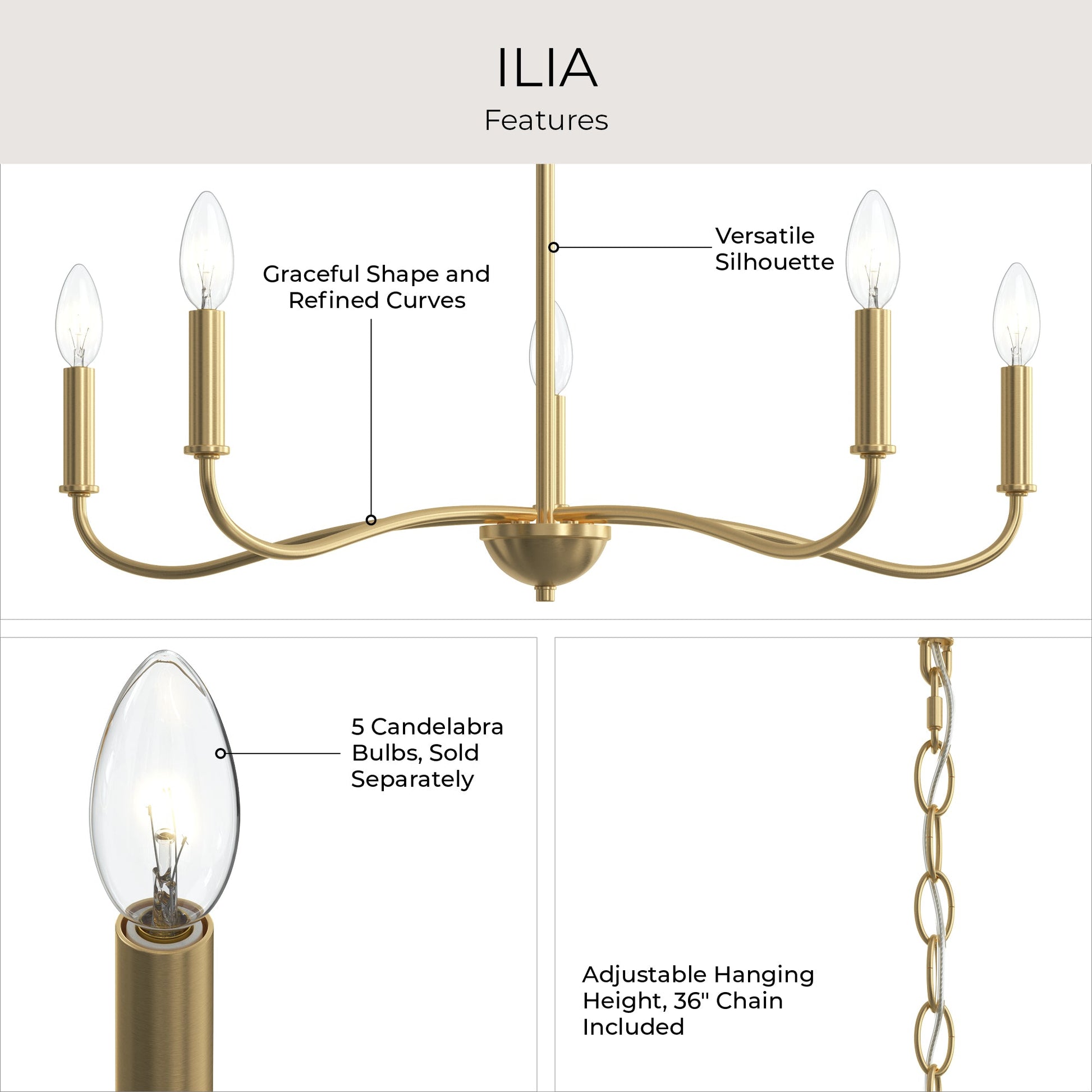 Progress Lighting P400462-191 Ilia Chandelier features infographic highlighting graceful curves, adjustable hanging height, and 5 candelabra bulbs