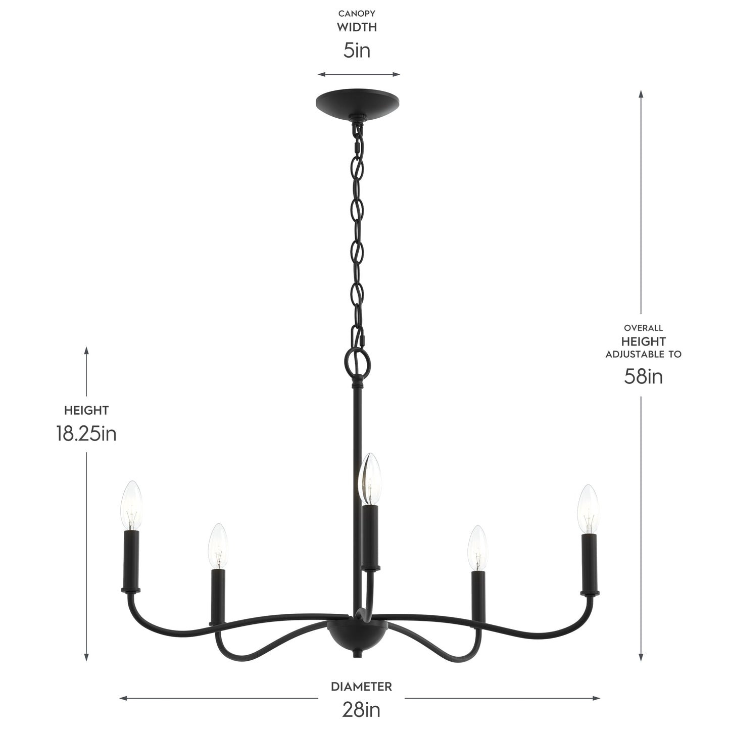 Progress Lighting P400462-31M Ilia Matte Black Chandelier dimensions diagram - 28in diameter 18.25in height